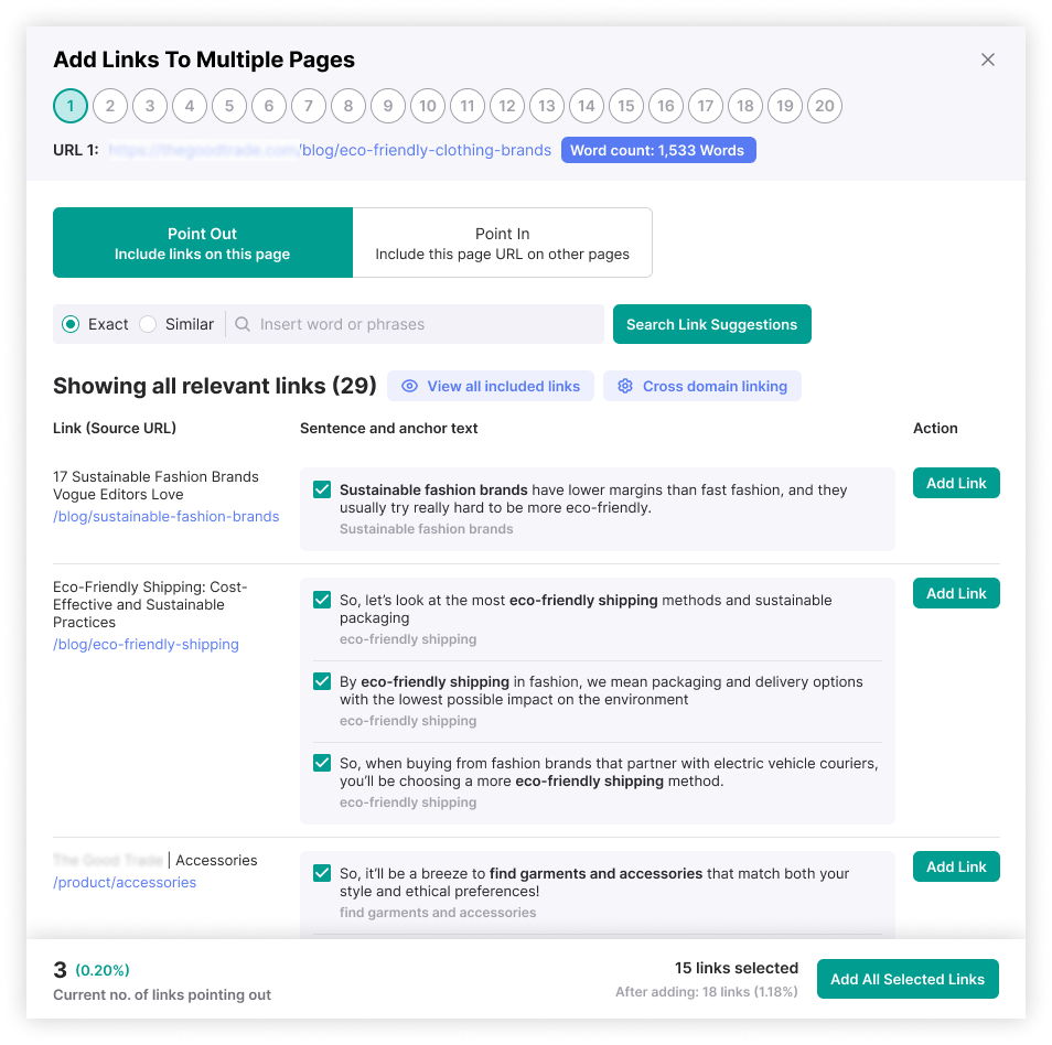 Internal linking tool showing internal links and anchor text suggestions for multiple pages within the same domain