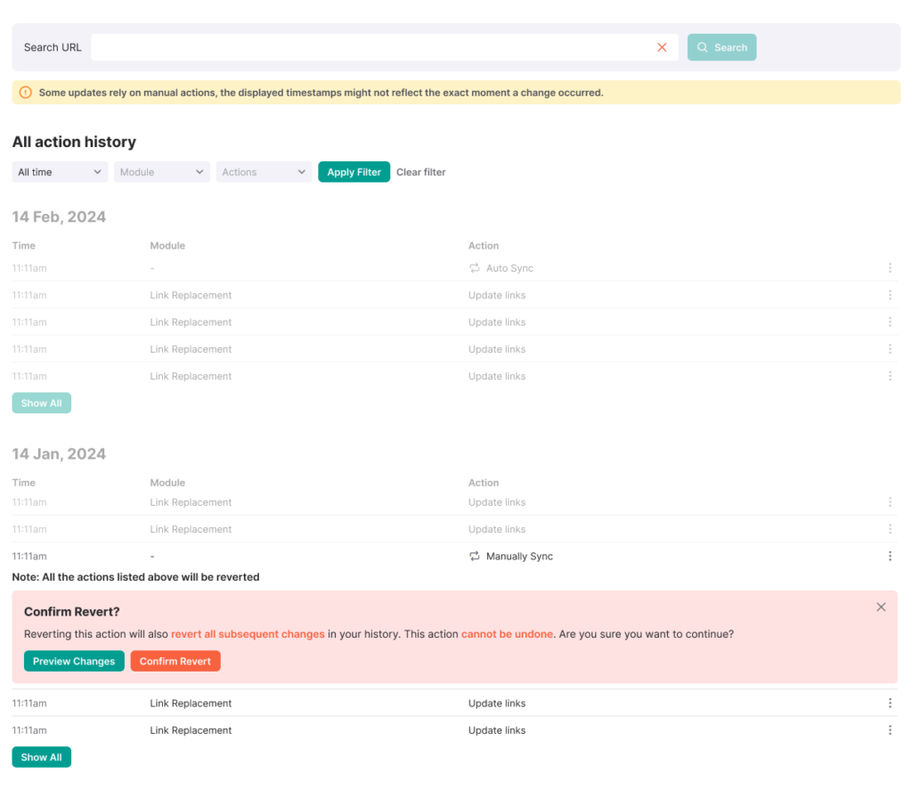 LinkVector's linking history log interface