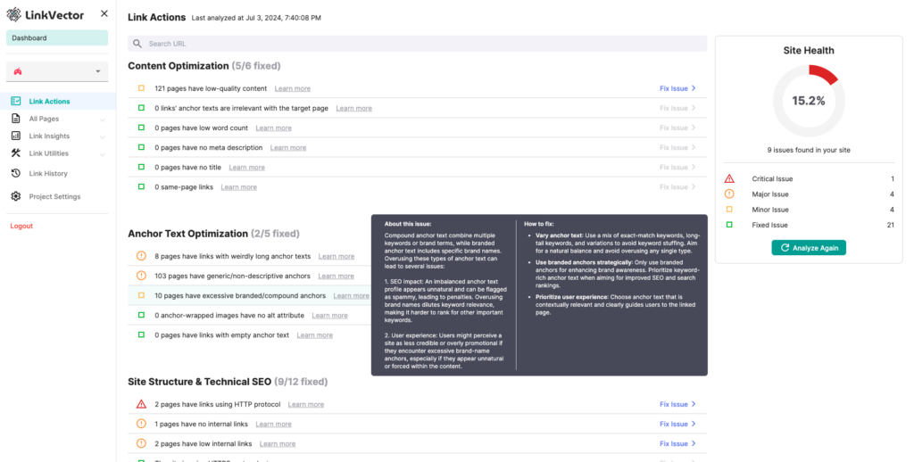 Screenshot of LinkVector's LinkAction feature for internal linking troubleshooting