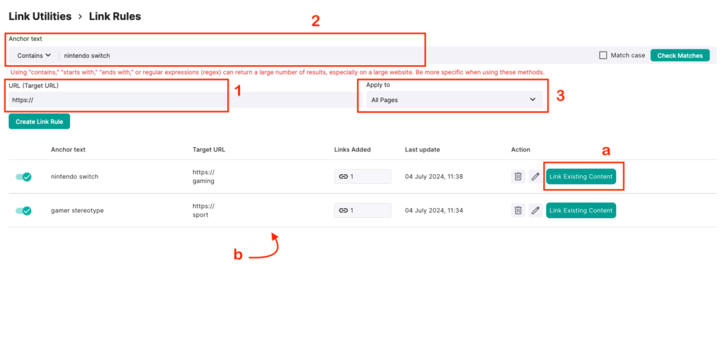 Step-by-step of how set an internal linking rule using LinkVector