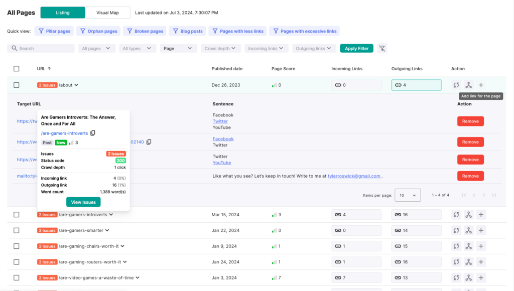 Screenshot of LinkVector's page analysis