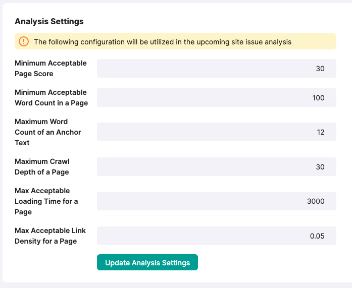 Site issue analysis setting in LinkVector